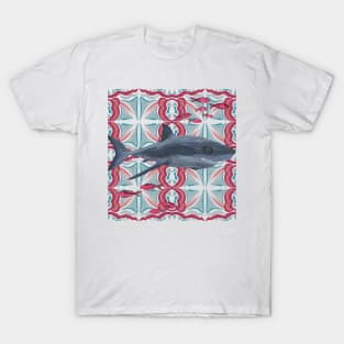 Decorated Great White Shark on Abstract Pink Pattern T-Shirt